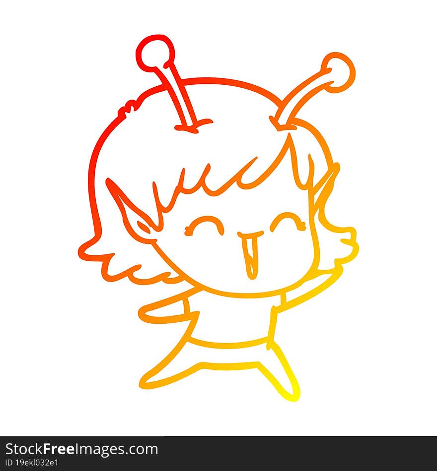 warm gradient line drawing of a cartoon alien girl laughing