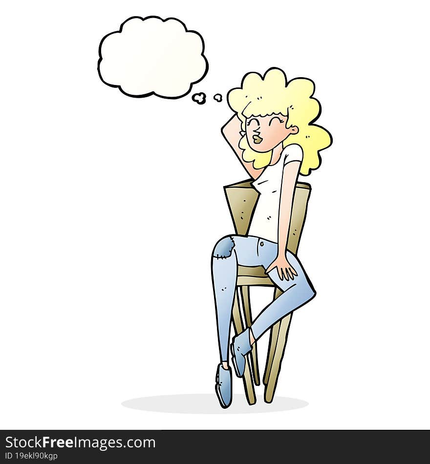 cartoon woman posing on chair with thought bubble