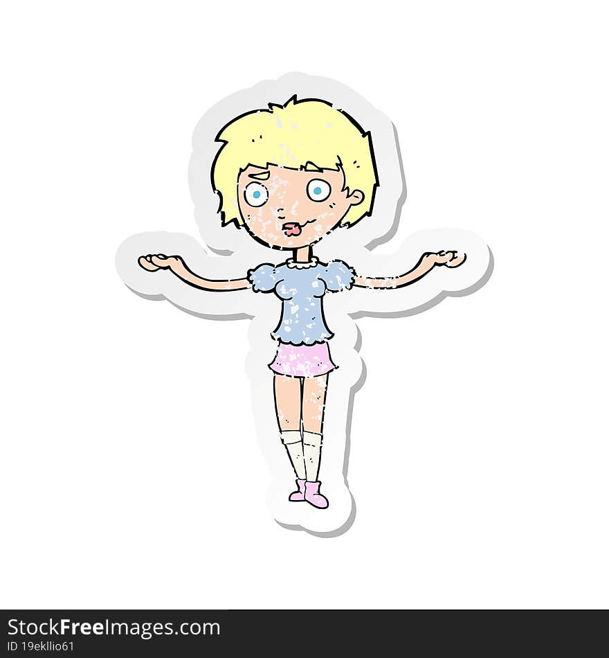 retro distressed sticker of a cartoon woman spreading arms