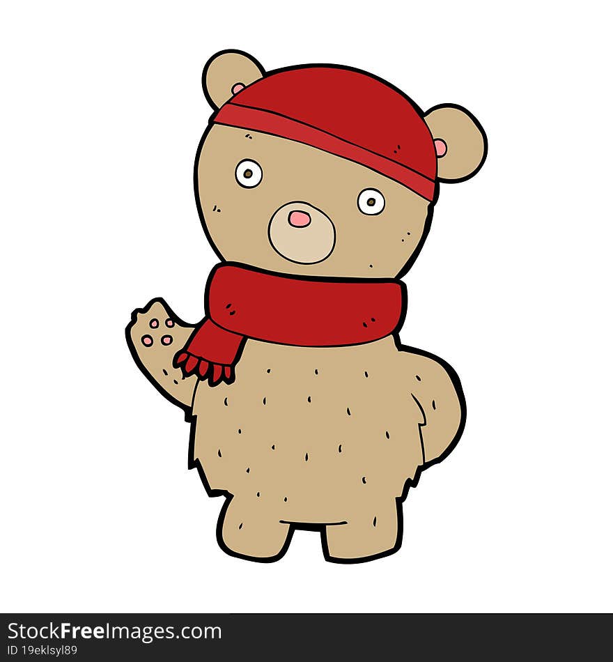 cartoon teddy bear in winter hat and scarf