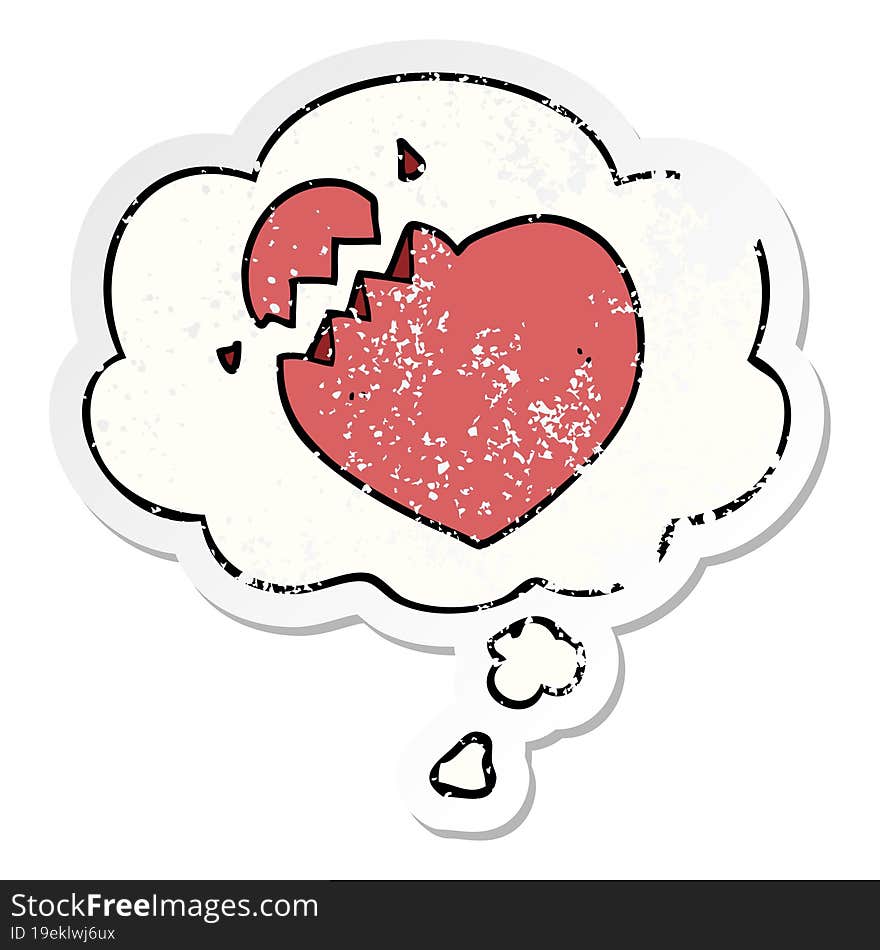 cartoon broken heart and thought bubble as a distressed worn sticker