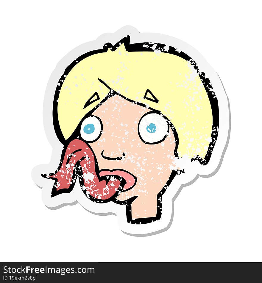 retro distressed sticker of a cartoon head sticking out tongue