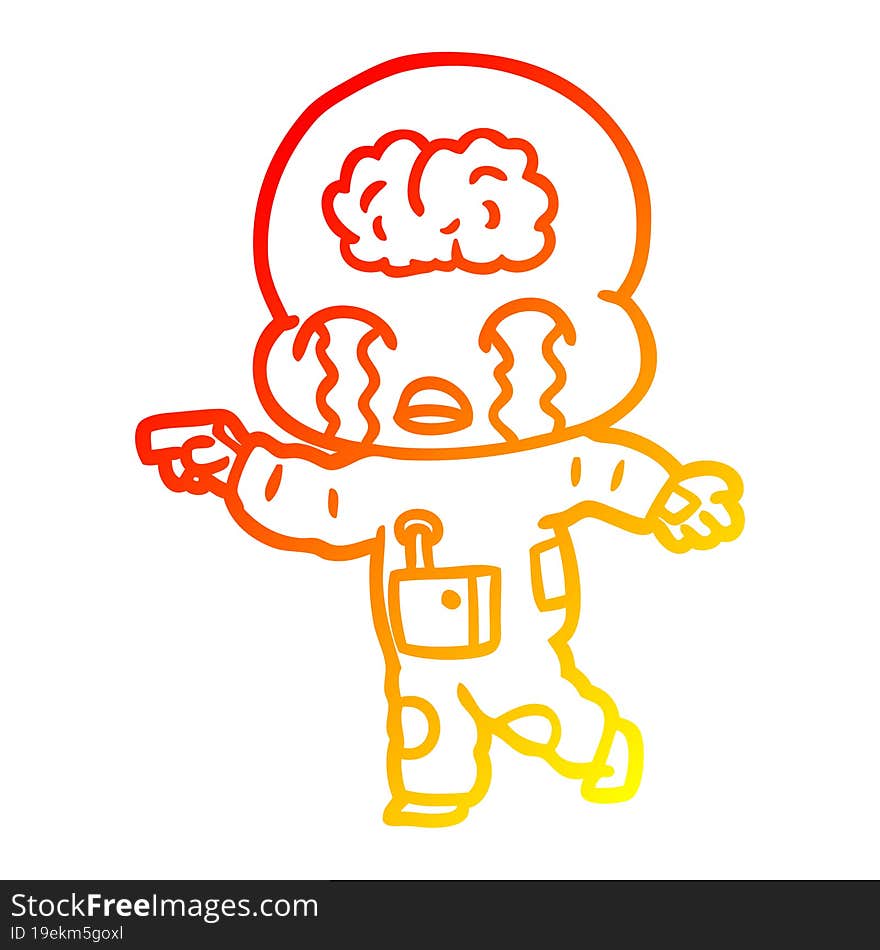 warm gradient line drawing of a cartoon big brain alien crying