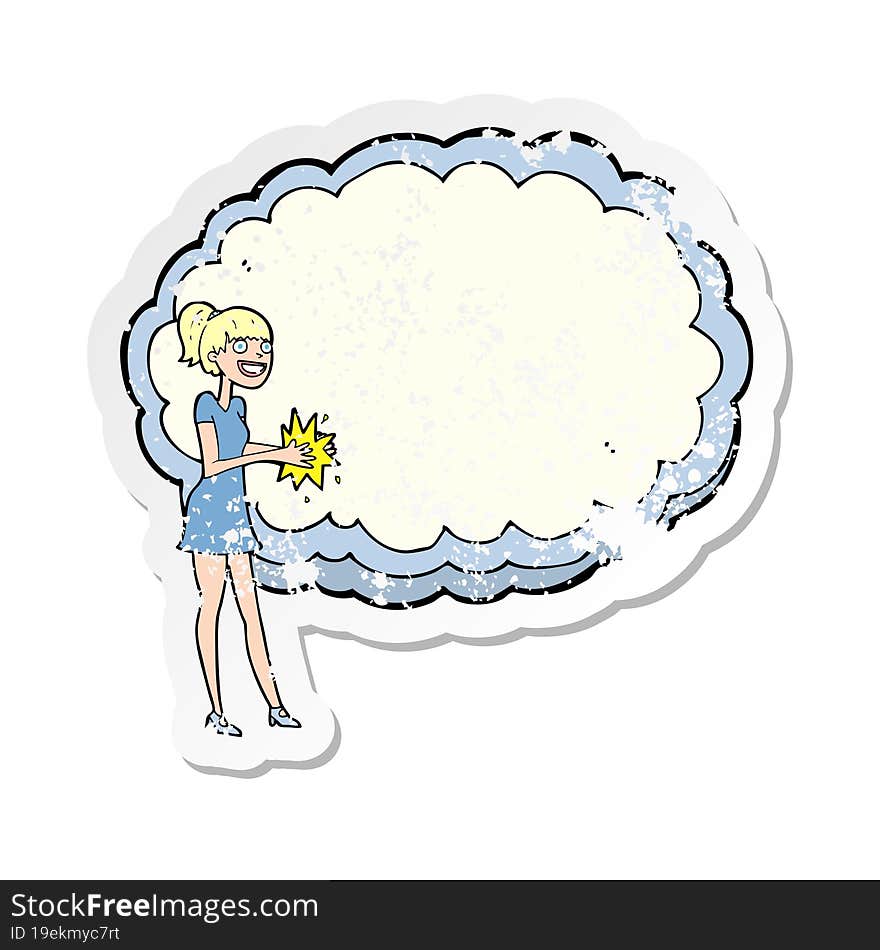 retro distressed sticker of a woman with text space cloud