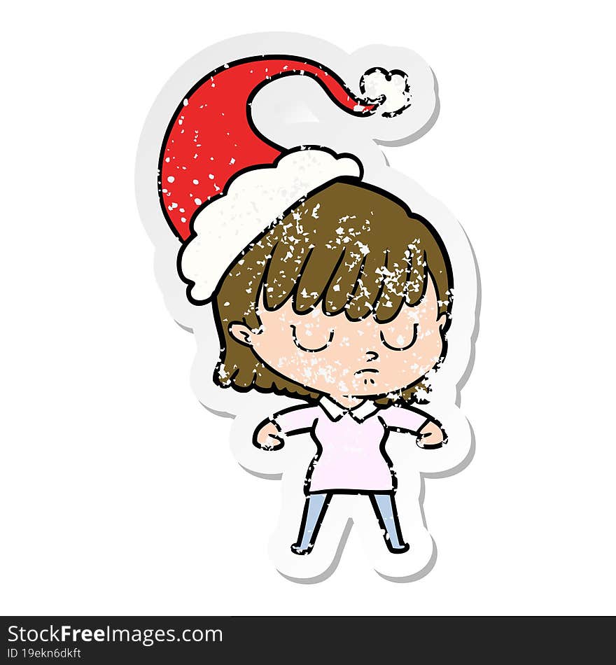 hand drawn distressed sticker cartoon of a woman wearing santa hat