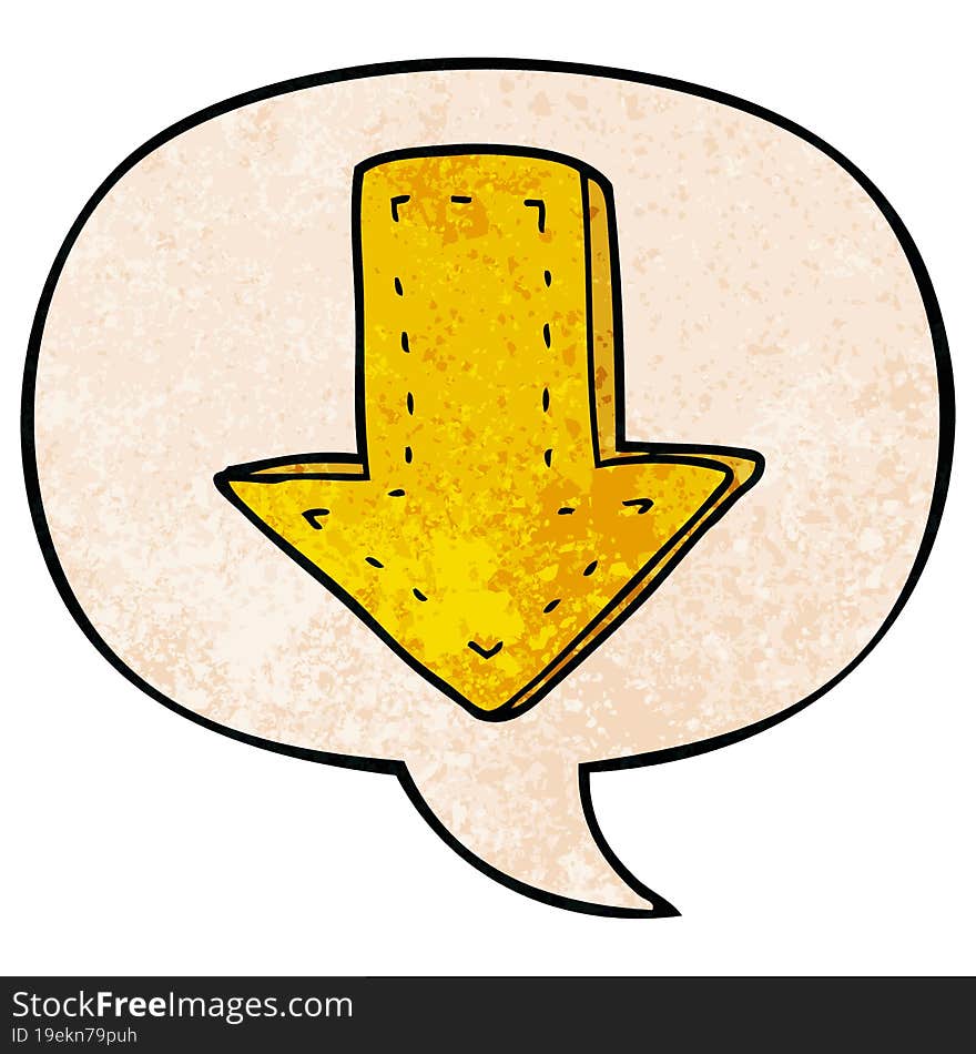 cartoon pointing arrow and speech bubble in retro texture style