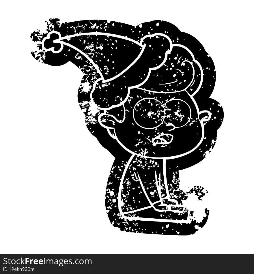 cartoon distressed icon of a staring man wearing santa hat