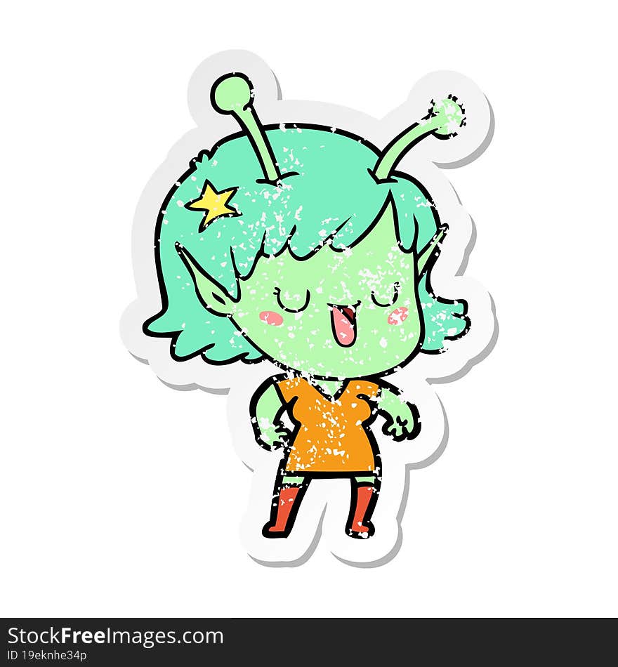 distressed sticker of a happy alien girl cartoon laughing