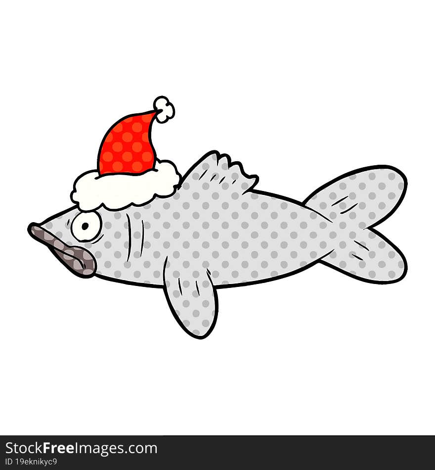 comic book style illustration of a fish wearing santa hat