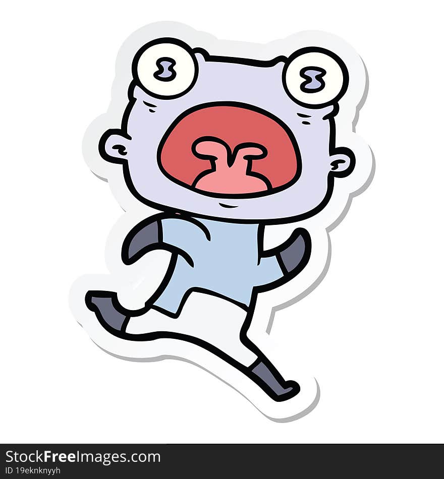 sticker of a cartoon weird alien running away