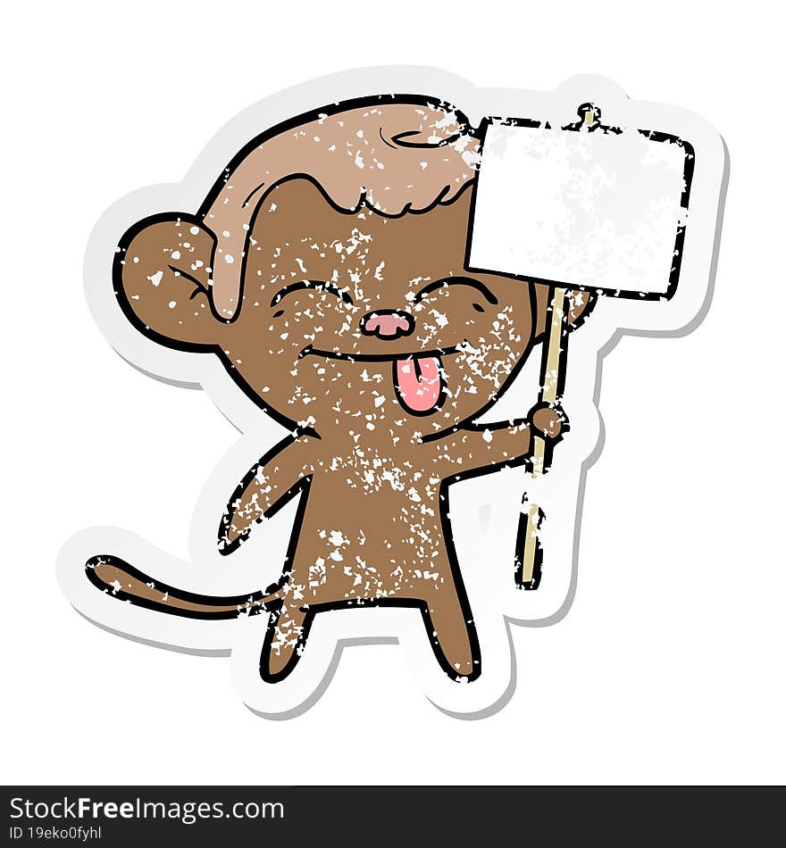 distressed sticker of a funny cartoon monkey with placard