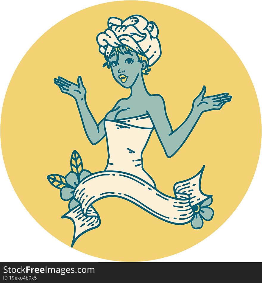 tattoo style icon of a pinup girl in towel with banner