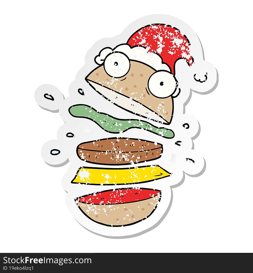 hand drawn distressed sticker cartoon of a amazing burger wearing santa hat