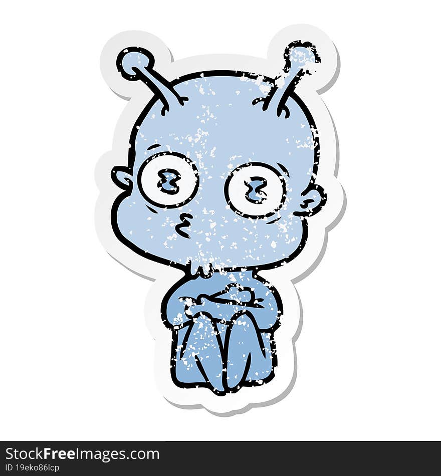 distressed sticker of a cartoon weird bald spaceman