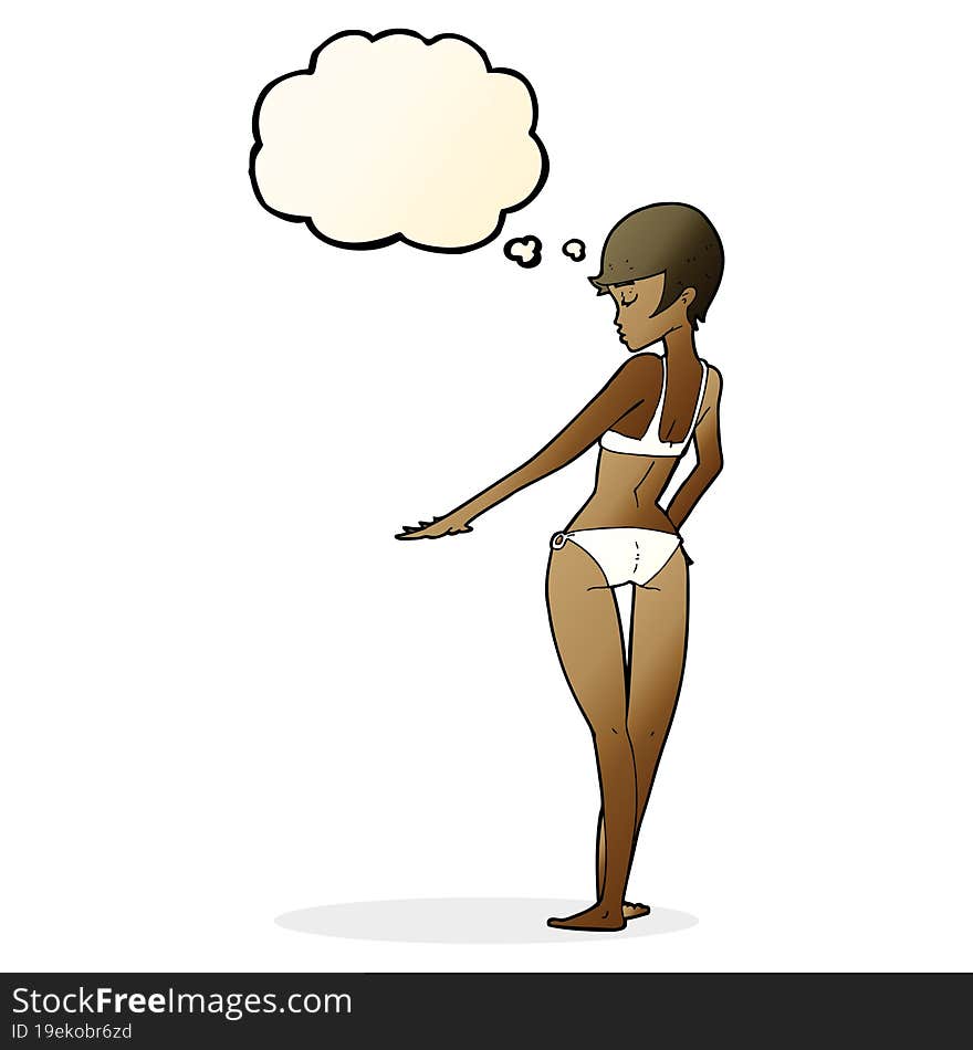 cartoon woman in bikini with thought bubble