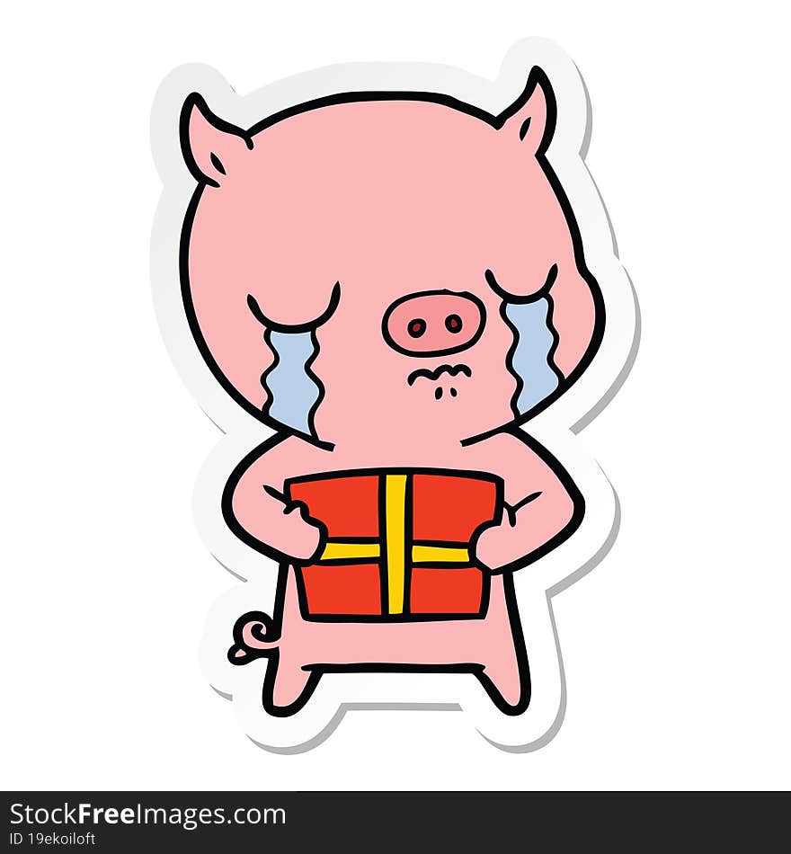 Sticker Of A Cartoon Pig Crying Over Christmas Present