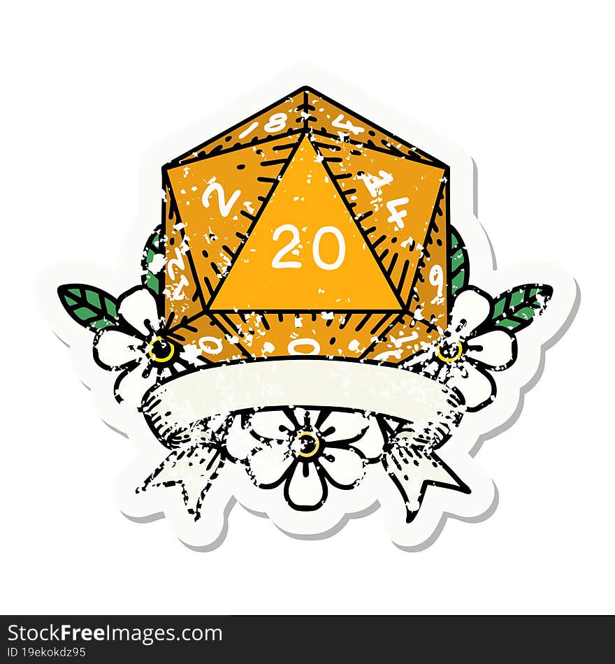 natural 20 critical hit D20 dice roll grunge sticker