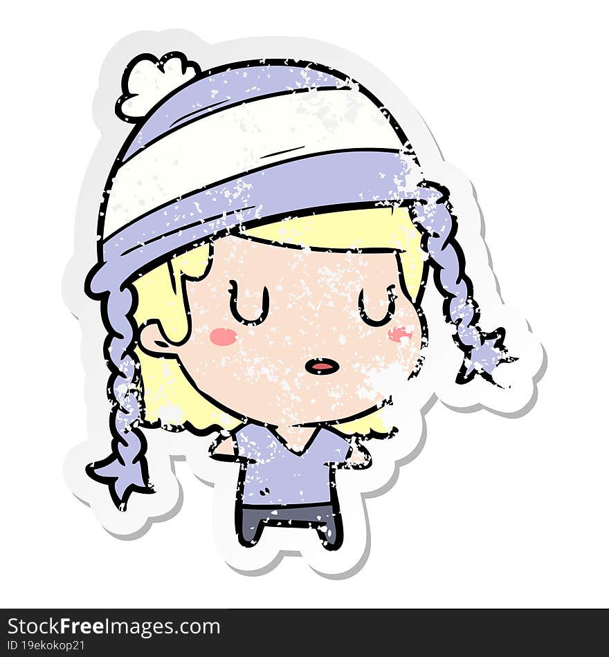 distressed sticker of a cartoon woman wearing hat