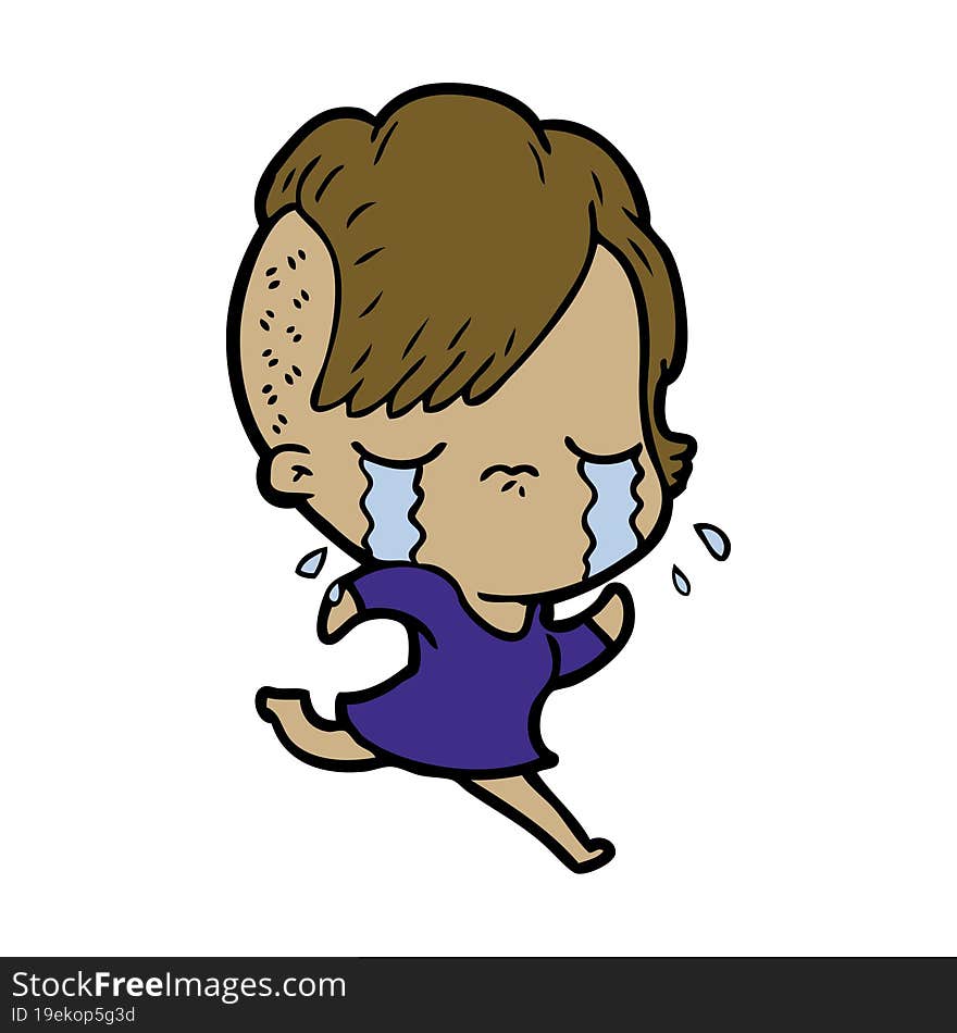 cartoon crying girl running away. cartoon crying girl running away