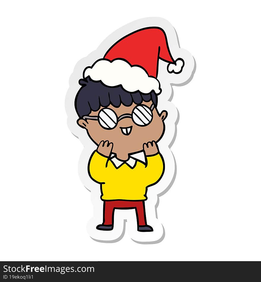 Sticker Cartoon Of A Boy Wearing Spectacles Wearing Santa Hat