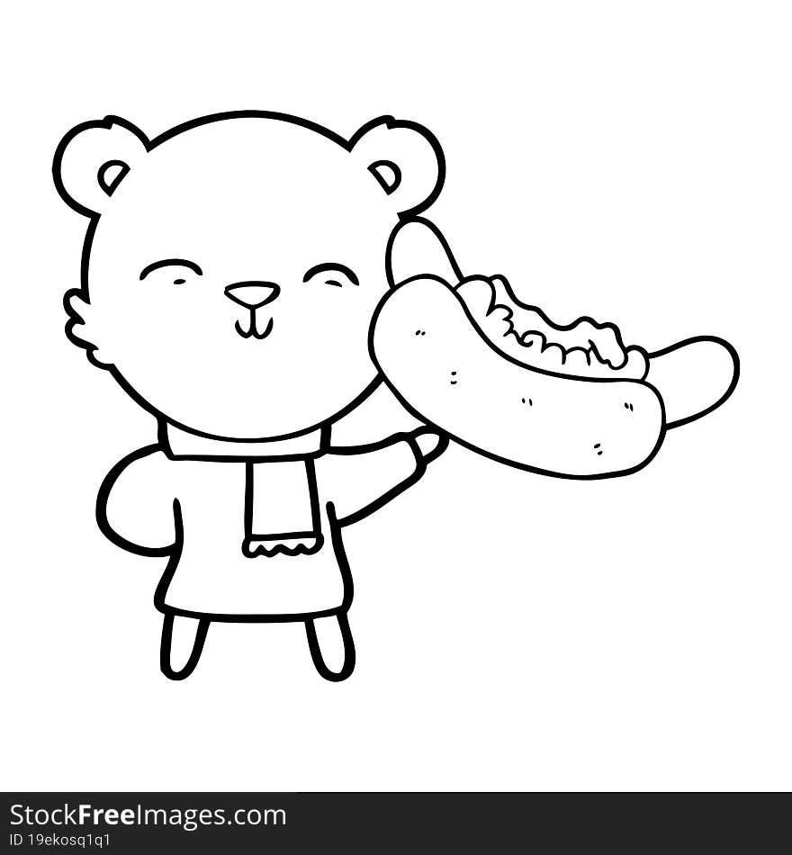 happy cartoon polar bear with hot dog. happy cartoon polar bear with hot dog