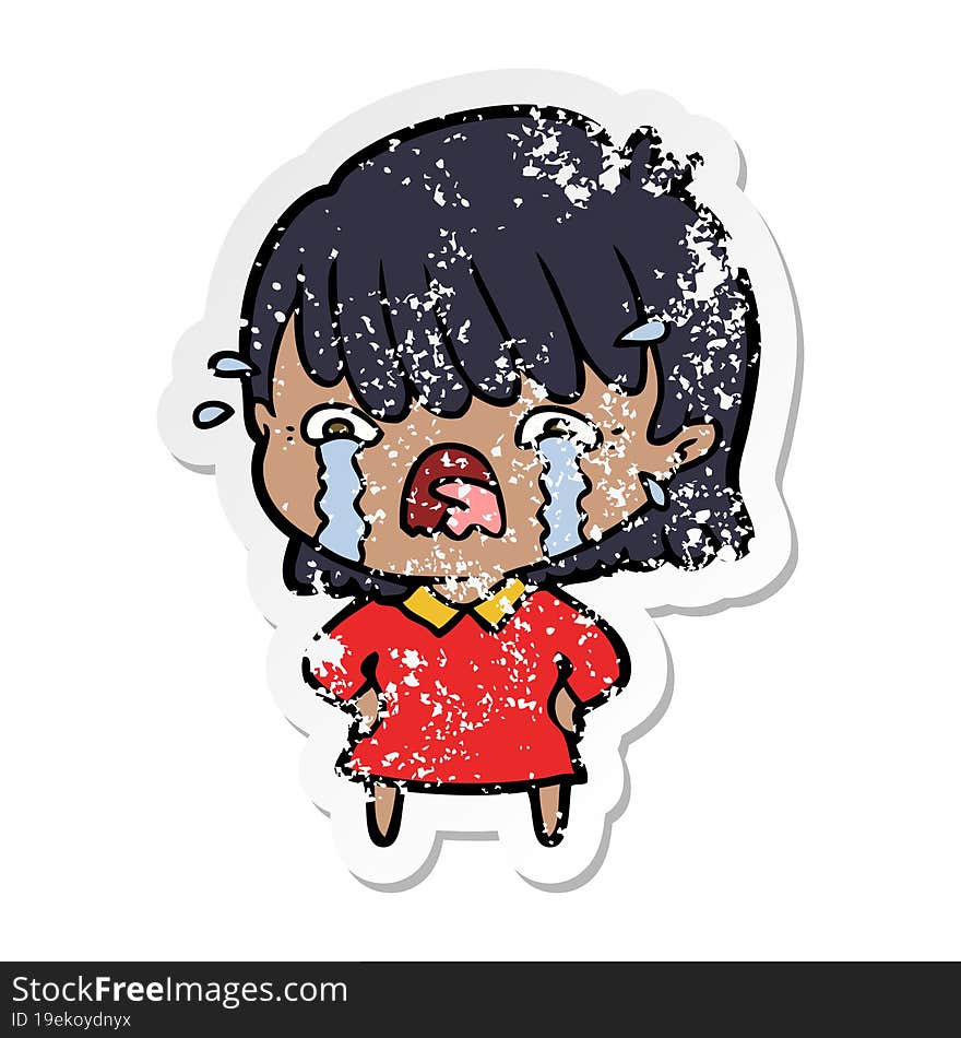 distressed sticker of a cartoon girl crying