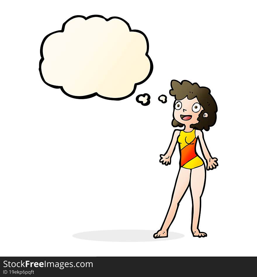 cartoon woman in swimming costume with thought bubble