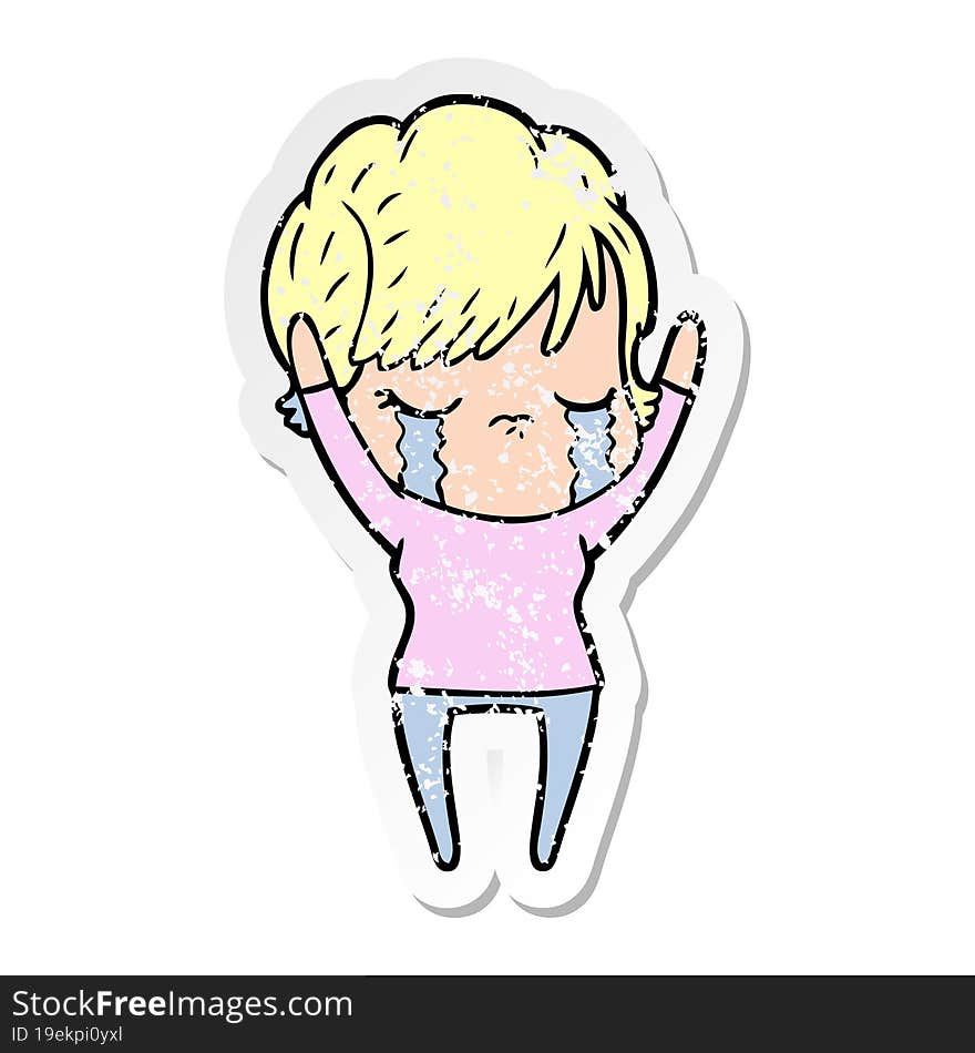 distressed sticker of a cartoon woman crying