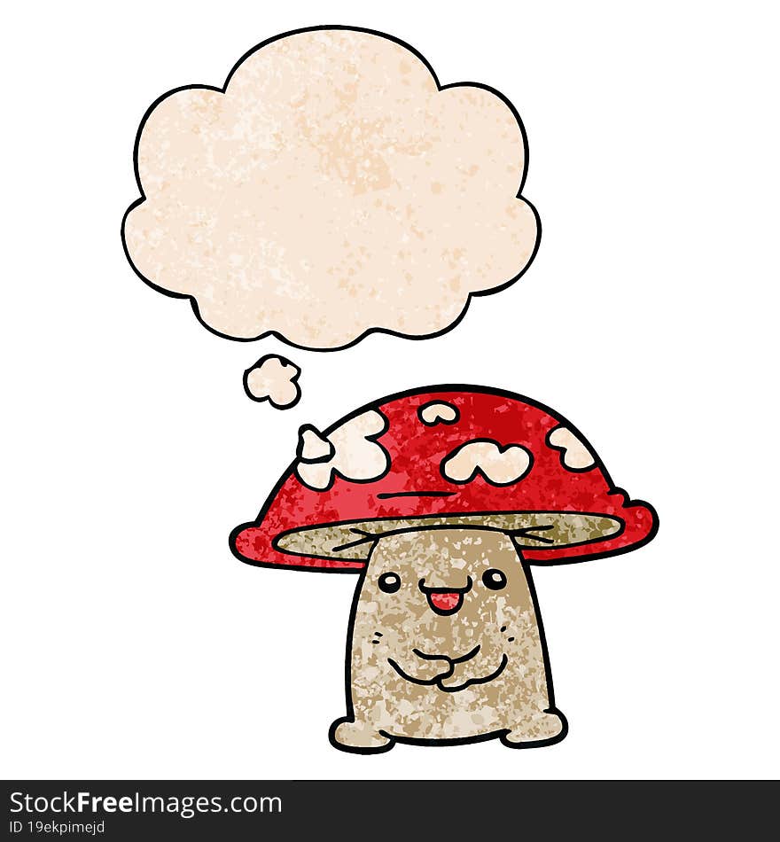 Cartoon Mushroom Character And Thought Bubble In Grunge Texture Pattern Style