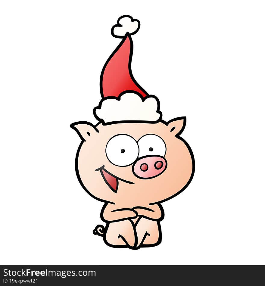 cheerful sitting pig gradient cartoon of a wearing santa hat