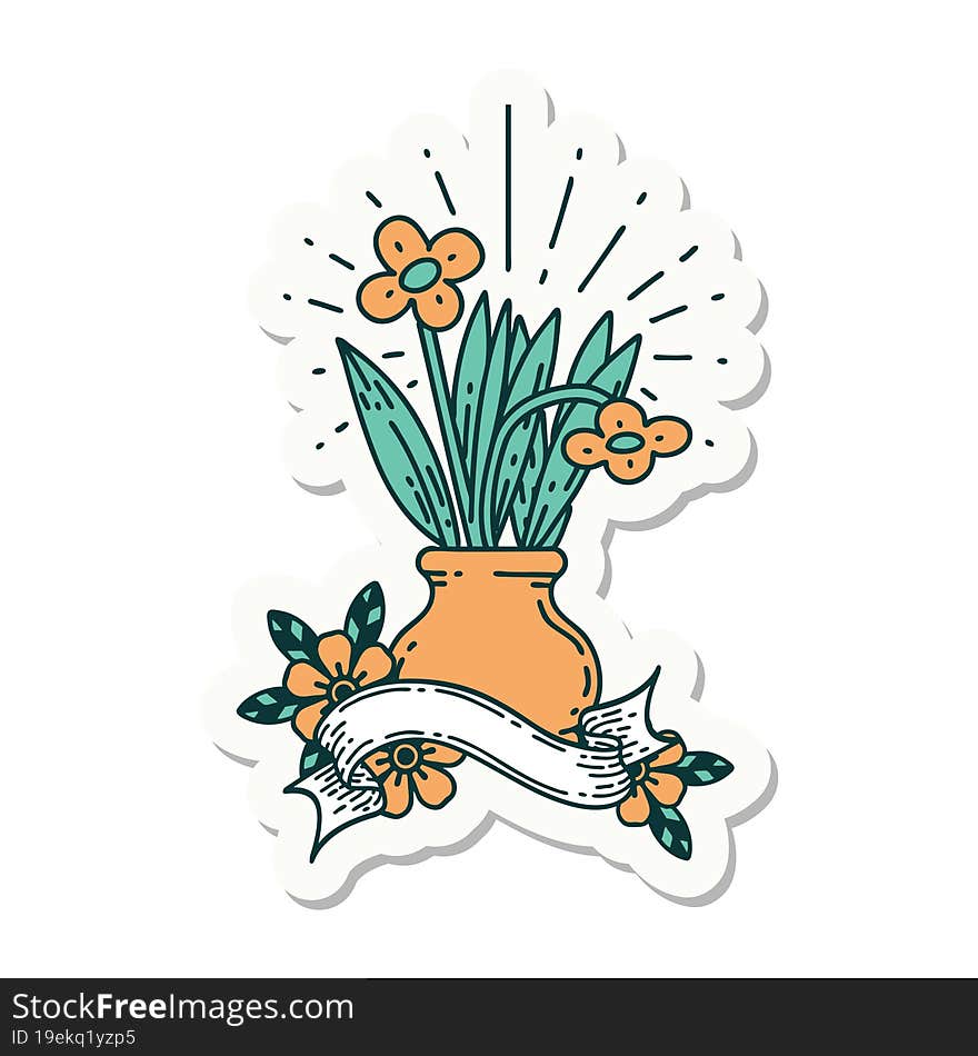 sticker of tattoo style flowers in vase