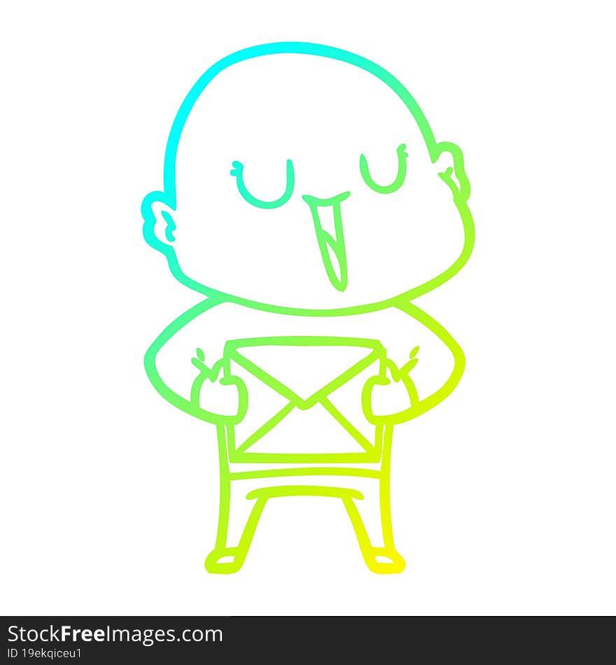 cold gradient line drawing happy cartoon bald man with package