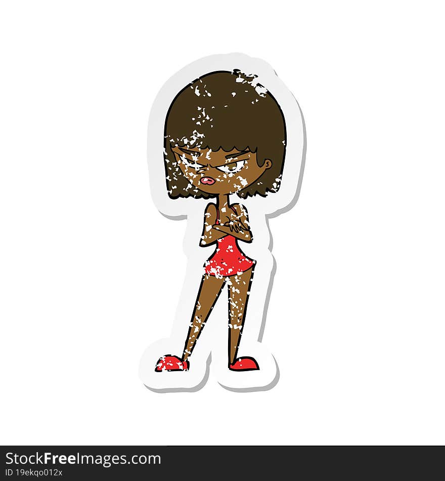 retro distressed sticker of a cartoon angry woman