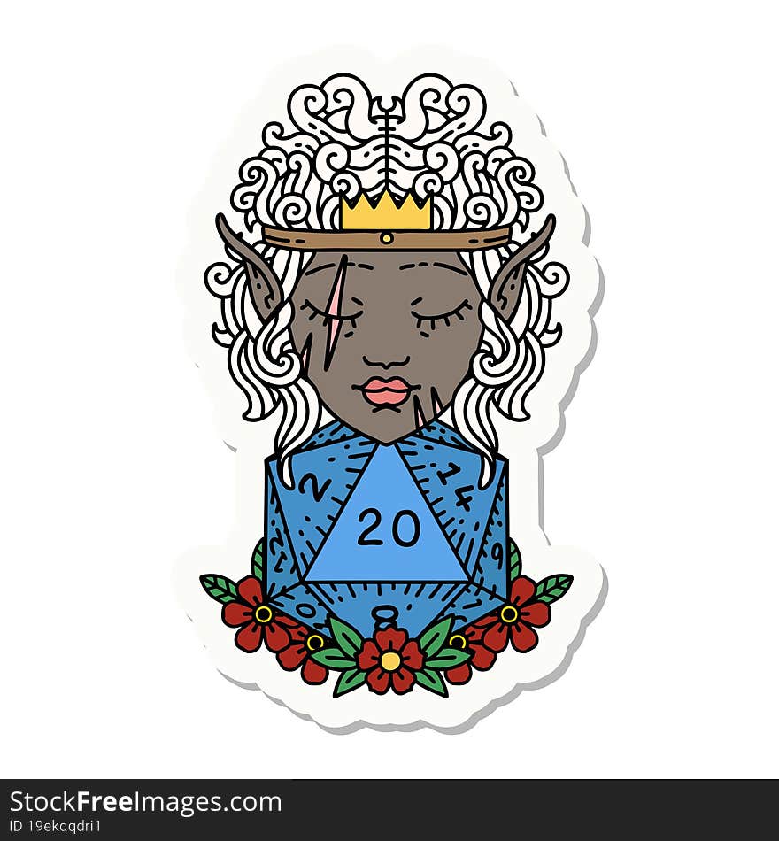 sticker of a elf barbarian character with natural 20 dice roll. sticker of a elf barbarian character with natural 20 dice roll