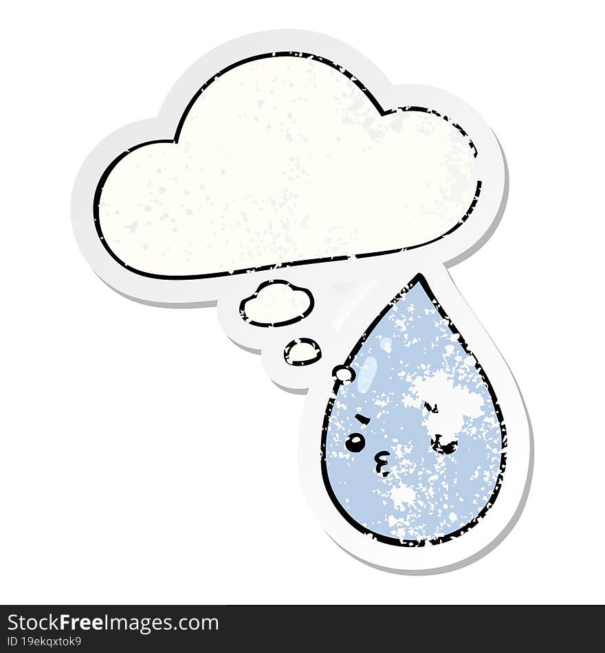 Cartoon Cute Raindrop And Thought Bubble As A Distressed Worn Sticker