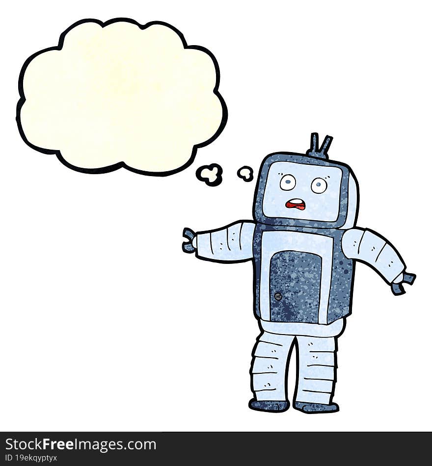 cartoon funny robot with thought bubble