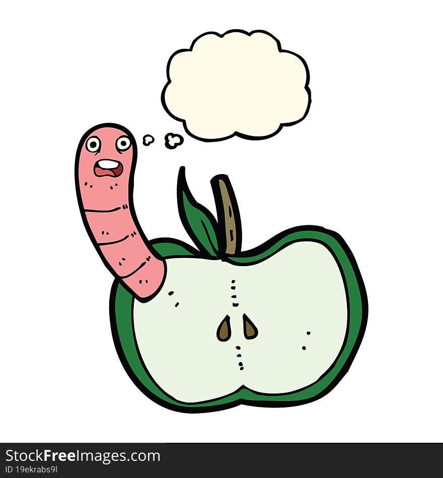 cartoon apple with worm with thought bubble