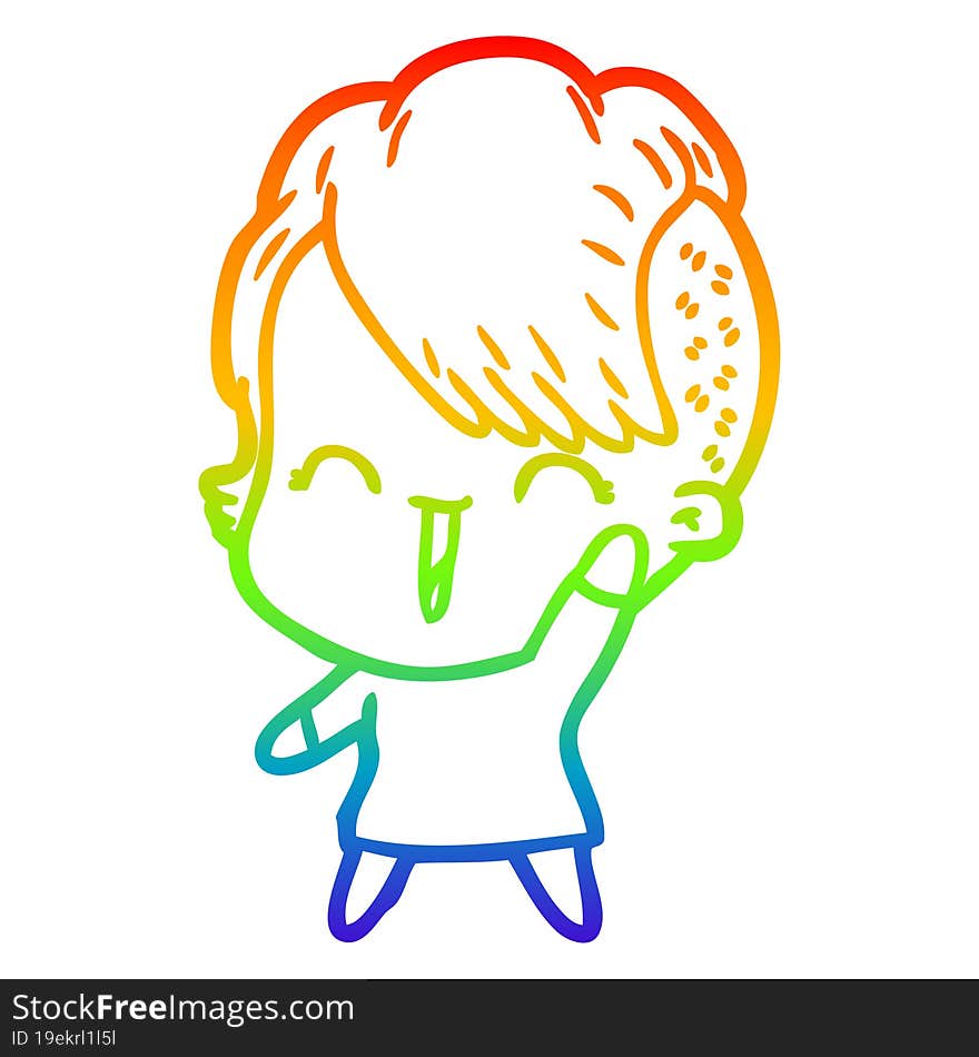 rainbow gradient line drawing of a cartoon happy hipster girl