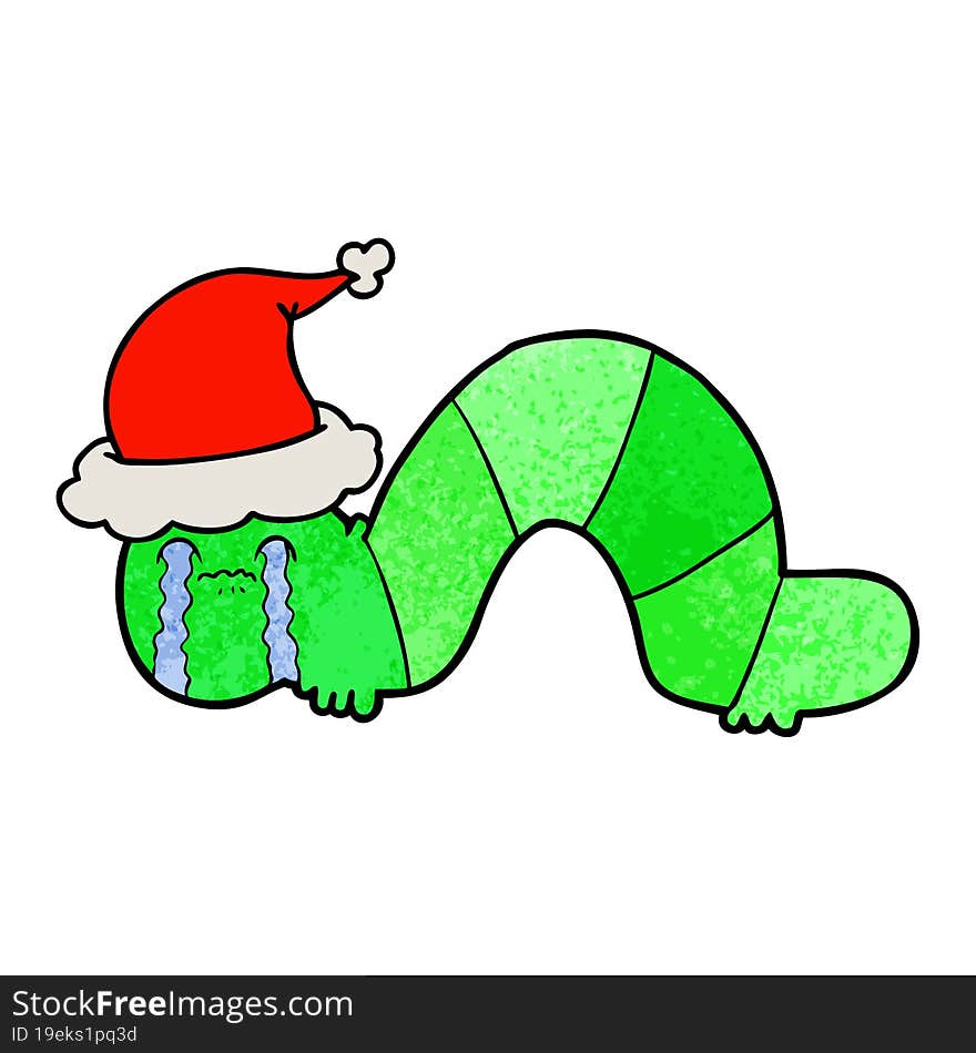 textured cartoon of a caterpillar obsessing over his regrets wearing santa hat