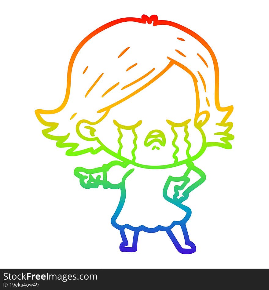 Rainbow Gradient Line Drawing Cartoon Girl Crying And Pointing