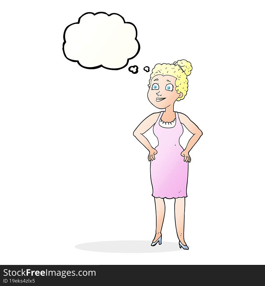 freehand drawn thought bubble cartoon woman wearing dress