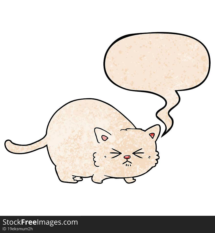 cartoon angry cat and speech bubble in retro texture style