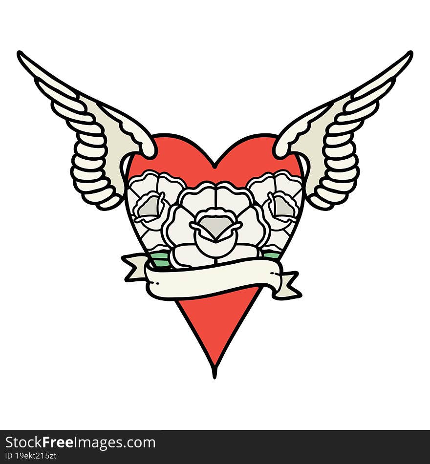 Traditional Tattoo Of A Flying Heart With Flowers And Banner