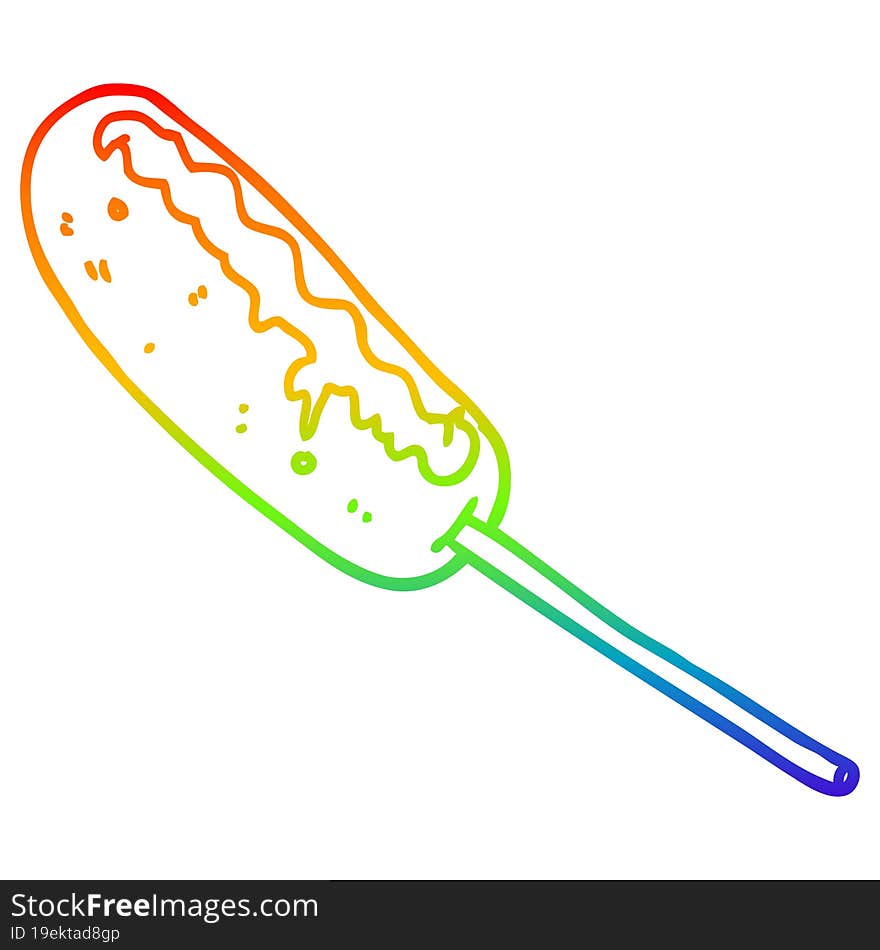 rainbow gradient line drawing of a cartoon hotdog on a stick