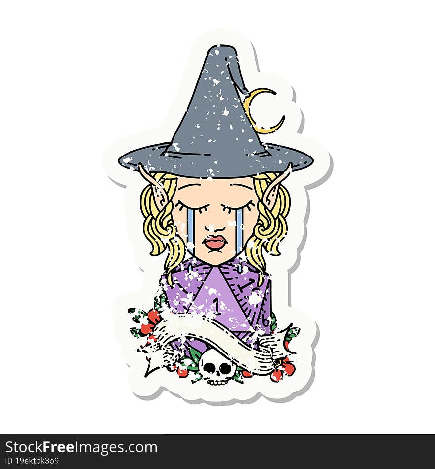 crying elf mage character face with natural one D20 roll grunge sticker