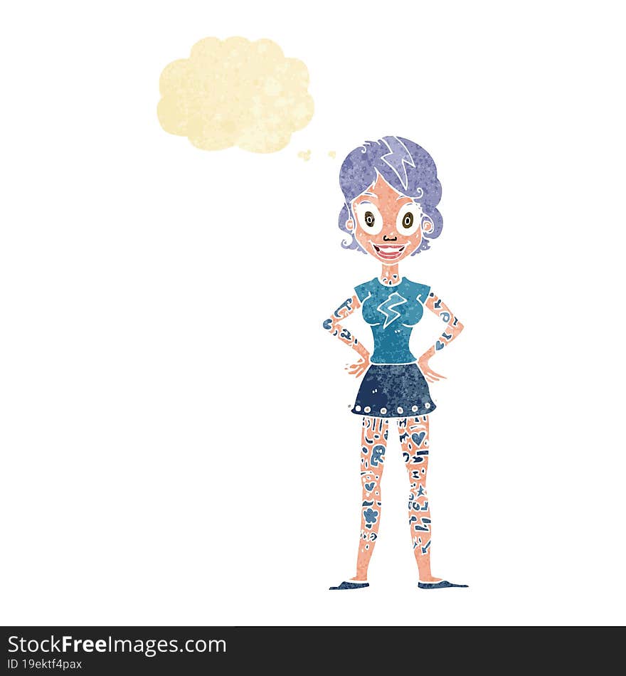 cartoon woman with heavy tattoos with thought bubble