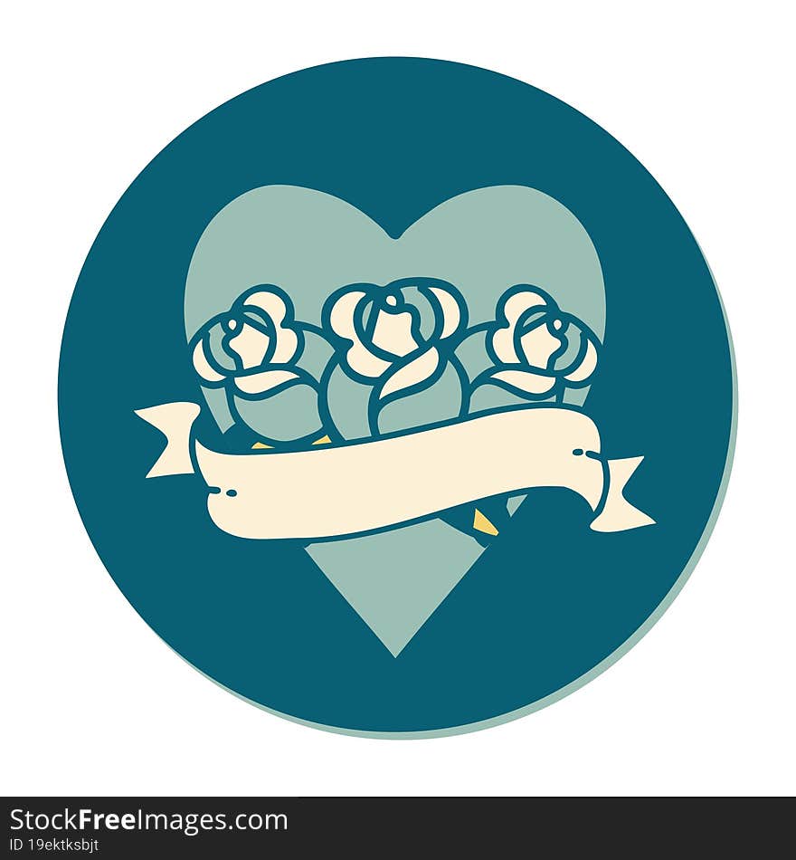 sticker of tattoo in traditional style of a heart and banner with flowers. sticker of tattoo in traditional style of a heart and banner with flowers