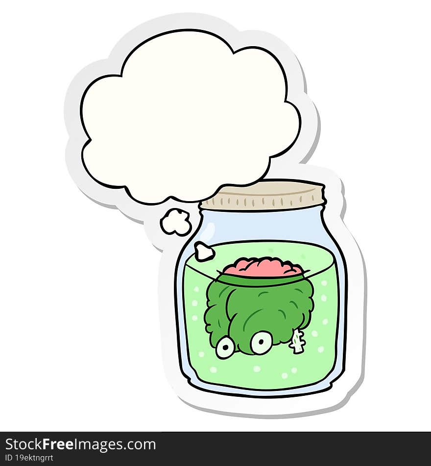 cartoon spooky brain in jar and thought bubble as a printed sticker