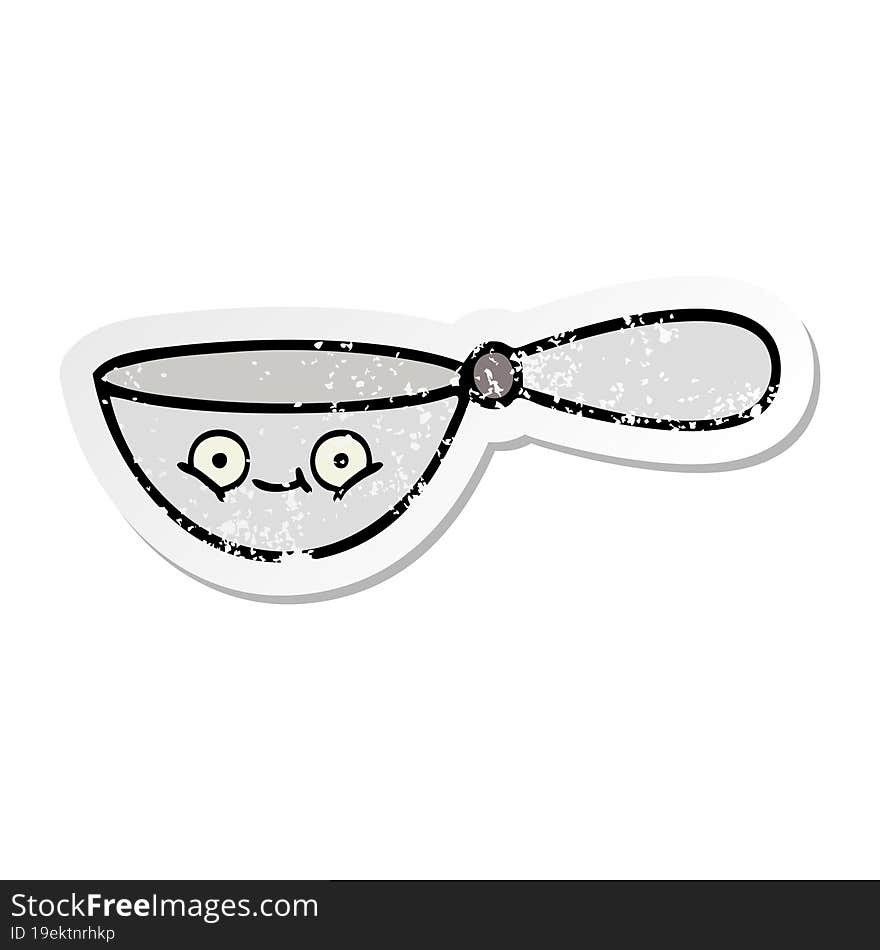 distressed sticker of a cute cartoon measuring spoon