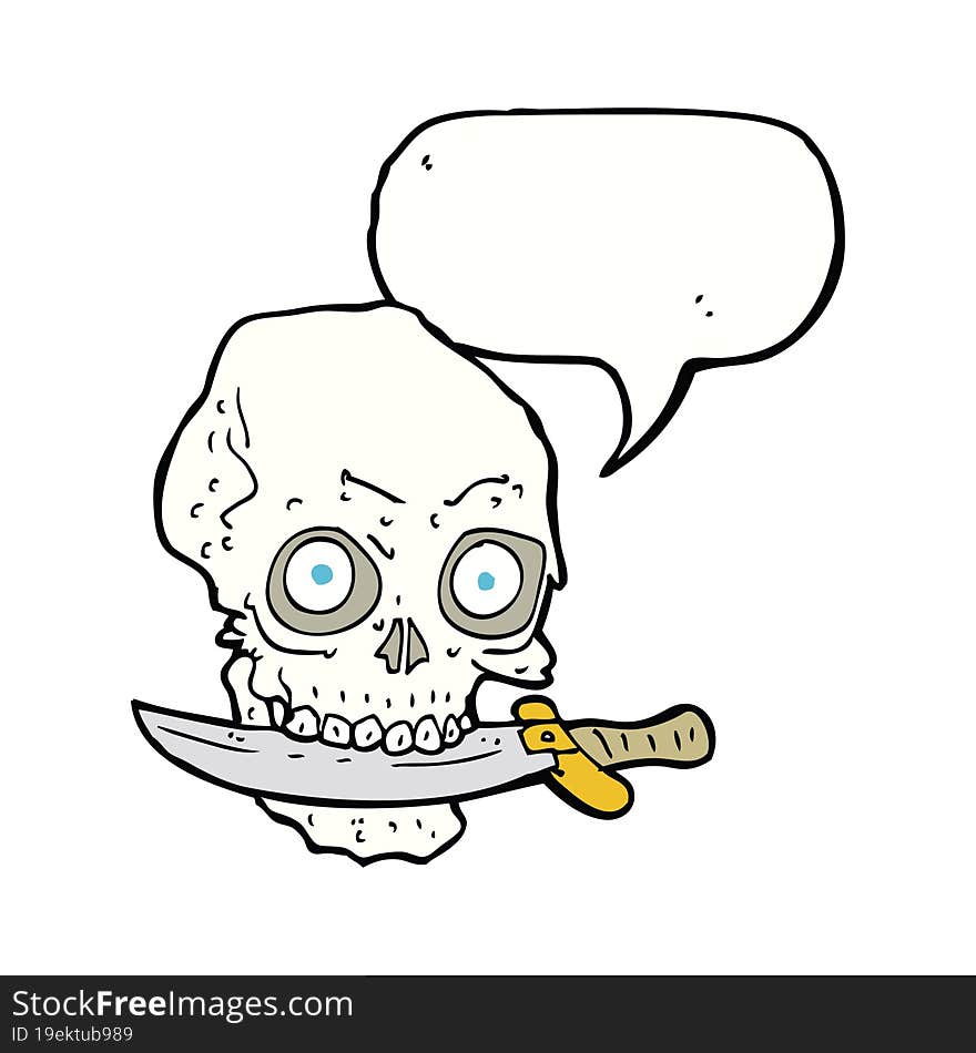 cartoon pirate skull with knife in teeth with speech bubble